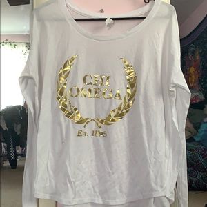 Long sleeve chi omega white and gold shirt